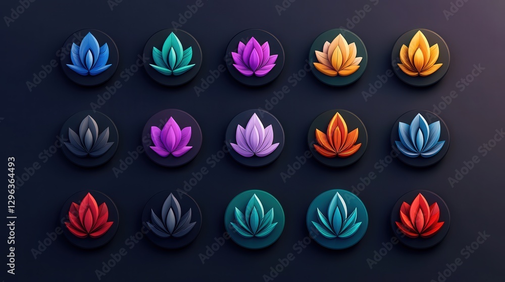 Poster a colorful button set featuring an abstract lotus symbol, designed for a logo with a modern and eleg