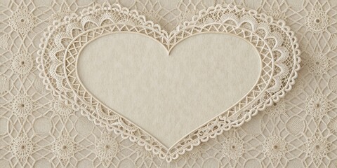 Elegant heart-shaped lace frame on textured fabric background, perfect for romantic designs and invitations