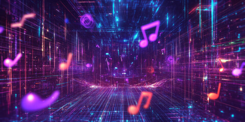 Fototapeta premium A futuristic 3D background featuring a holographic concert stage with glowing neon musical notes floating around. The stage is surrounded by pulsating sound waves, creating an abstract visualization