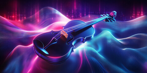 Fototapeta premium A futuristic 3D background showcasing a neon violin suspended in mid-air, surrounded by swirling waves of glowing sound energy. The abstract, digital atmosphere represents the blending of classical