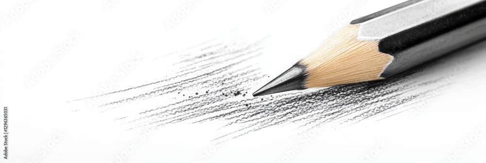 Poster detailed close up of a sharpened pencil creating graphite lines on white paper during an artistic dr