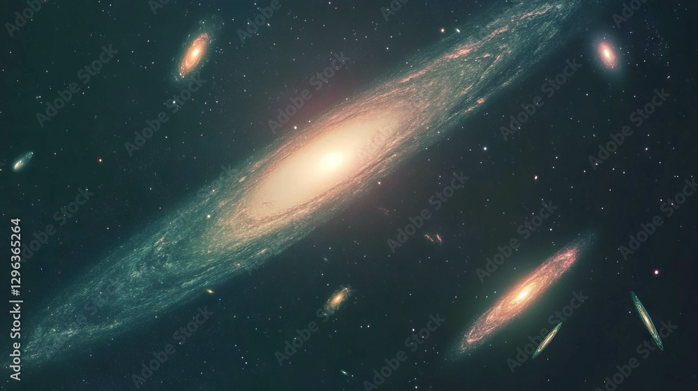 Poster enchanting background of glowing galaxies and deep space for astronomy designs
