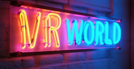 Neon sign hologram world augmented reality overlays glowing vr interfaces pulsing energy bright colorful realistic photo