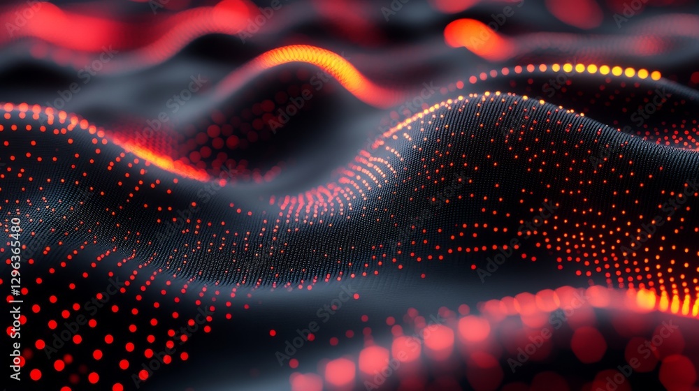 Poster glowing dots of red color forming abstract wavy patterns