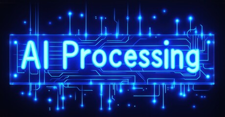 Neon sign ai processing microchip electric blue signals glowing energy grid bright colorful realistic photo