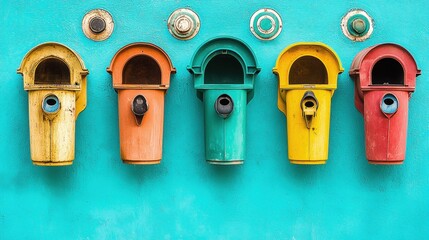 A row of colorful bird feeders on a blue wall.