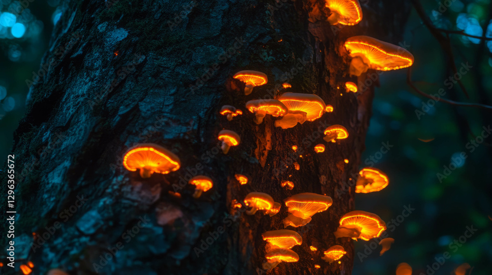 Poster enchanting forest scene with glowing mushrooms illuminating tree trunk for mystical nature design