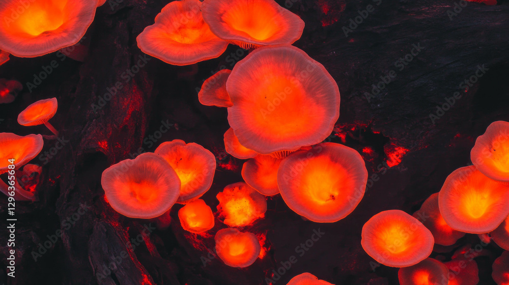 Poster enchanting forest scene with glowing mushrooms on tree trunk