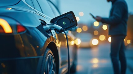 Naklejka premium Electric vehicle charging at dusk with blurred city lights