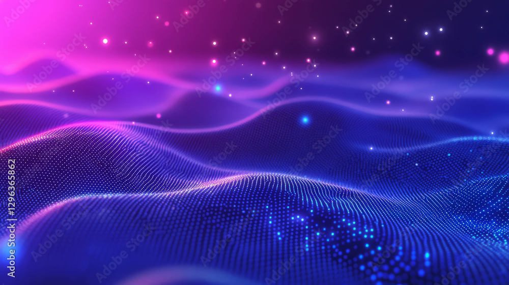 Poster Glowing particle background with sparkling light waves for design and decoration