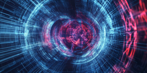 Fototapeta premium A high-tech abstract background with intricate digital lattice structures and holographic geometric elements dynamically expanding into a futuristic cybernetic vortex. The seamless reflections create