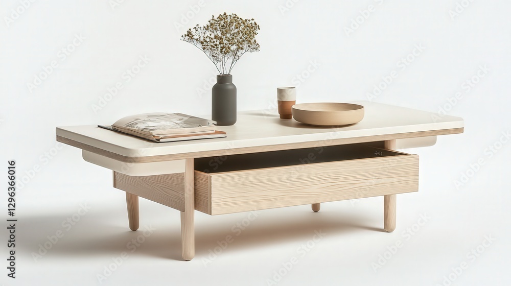 Poster a compact, multi-purpose coffee table with hidden storage, designed for functionality and style, dis