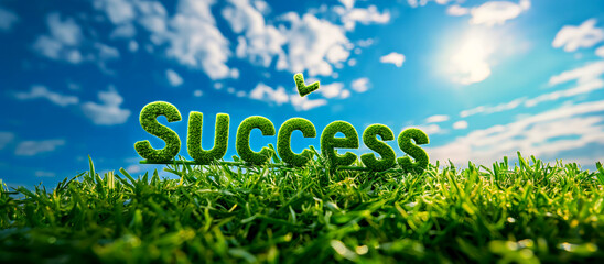 Success Written in Green Grass letter on Lawn with Blue Sky and Clouds