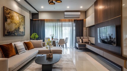 Fototapeta premium Discover a chic 1 BHK flat, showcasing modern interiors and stylish decor, perfectly blending comfort and contemporary