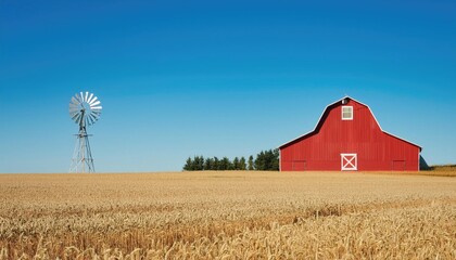 rural landscape featuring red barn and windmill, surrounded by golden wheat fields under clear blue sky 