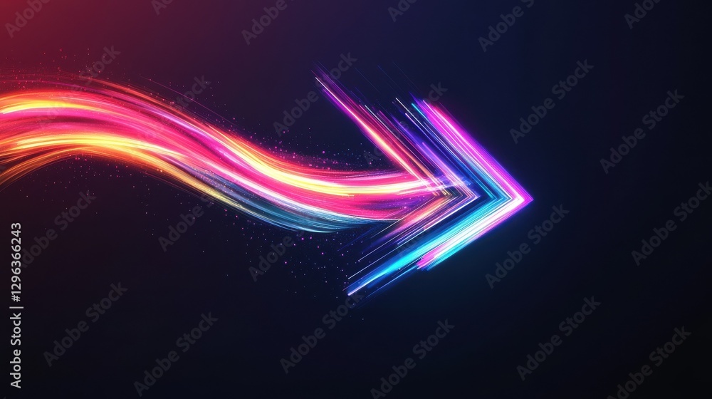 Poster a colorful arrow made of glowing light beams, pointing right at the center on a black background he 