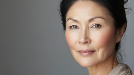 Fototapeta premium A mature woman is serene gaze, adorned with a touch of skincare cream, reveals a radiant complexion. The soft lighting accentuates her natural beauty, highlighting the benefits of hydration and