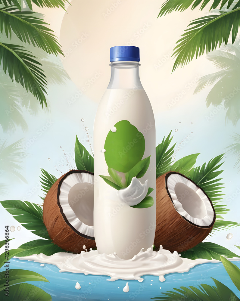 Poster a refreshing coconut milk bottle sits in front of the coconut. the image features coconuts and splas