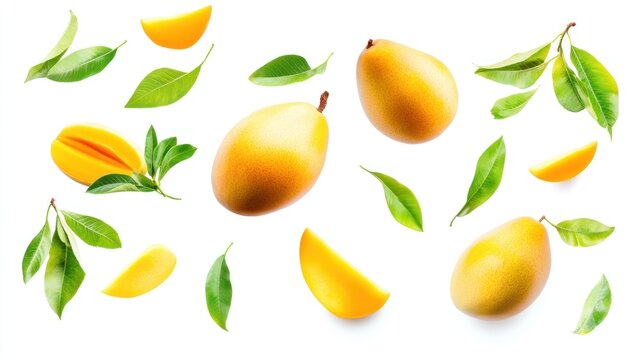 A bunch of mango fruit with green leaves scattered around them
