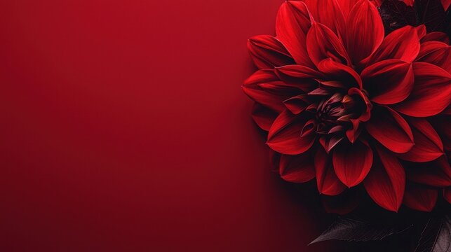Vibrant red dahlia flower against a bold red background