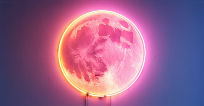 Neon sign lunar eclipse glowing moon deep space shadows moving across its bright surface colorful realistic photo