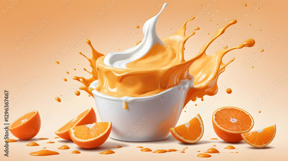 Poster a close-up shot of a refreshing orange juice splash in a bowl, with slices of fresh oranges around. 