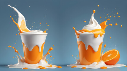 a refreshing orange juice beverage splashing dramatically from a cup, with the perfect blend of color and texture. There's a juicy orange adding a burst of freshness 