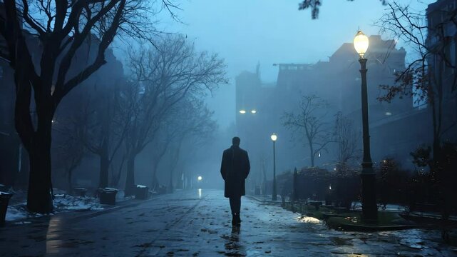 A lone man walking through an empty street in a rainy city, illuminated by street lamps.