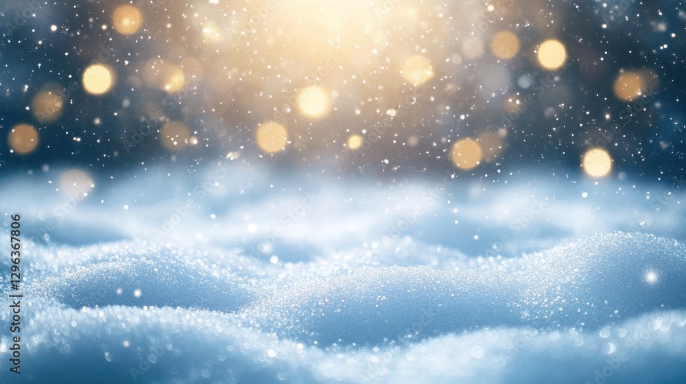 Poster soft, blurred background of white snow with bokeh lights and sparkling stars, creating an enchanting