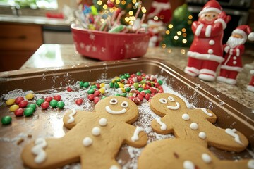 A festive holiday baking scene with gingerbread men being decorated with icing and candy, surrounded by holiday decorations