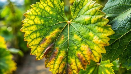 Fototapeta premium Downy Mildew on Grape Leaves: Close-up Summer Disease Damage