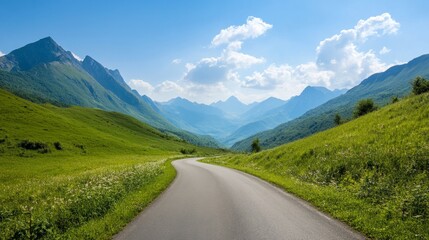 Naklejka premium Majestic Mountain Road Trip - A scenic journey, winding road, majestic mountains, vibrant green hills, and a sunny sky. Symbolizing adventure, freedom, exploration, serenity, and escape
