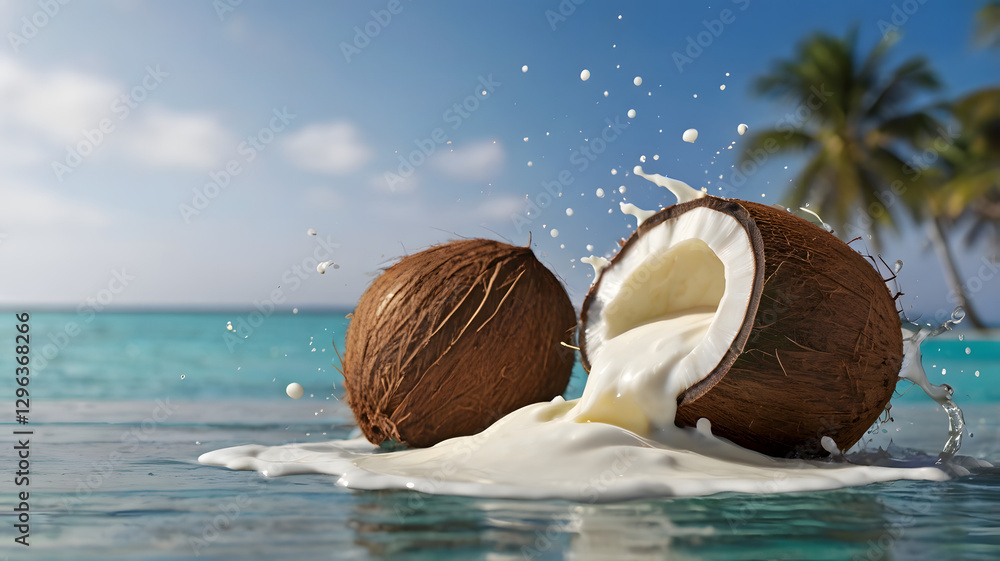 Poster Coconut milk splashing on a tropical beach. Two coconuts with milk spilling out, creating a dynamic splash. The background is a tropical beach setting with palm trees and a clear ocean.