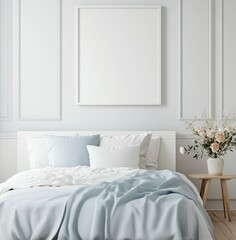 Modern Minimalist Bedroom with Subtle Blue Accents and Floral Decor