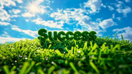 Green Grass Success Word on Lawn with Blue Sky