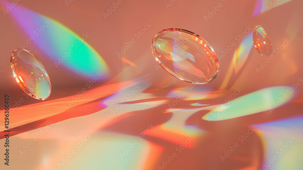 Poster futuristic holographic background with floating glass discs for creative design projects