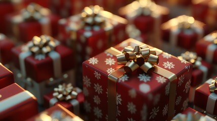 Many red gift boxes with white snowflakes and gold bows are stacked together.