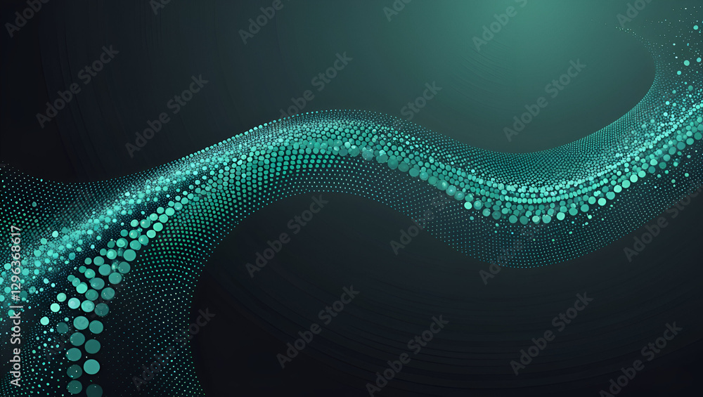 Poster dynamic wave pattern of flowing dot particles forming a 3d curved halftone shape