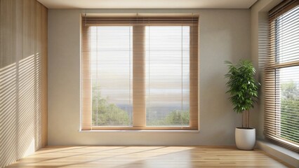 Fototapeta premium Sunlight streams through light brown window blinds illuminating a minimalist room with hardwood floors and a potted plant