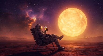 Astronaut Relaxation on an Alien Planet under a Giant Moon: A Cosmic Sip of Tranquility