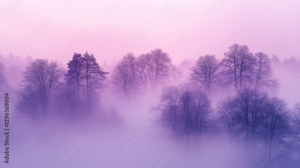 Poster trees enveloped by dense fog create a serene atmospheric landscape