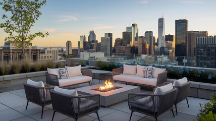 Outdoor terrace with stylish seating, a fire pit, and expansive city views.