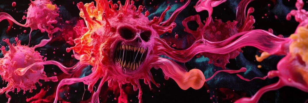 Malevolent Microbe Mayhem - A terrifying visualization of a dangerous pathogen, symbolizing infection, disease, destruction, chaos