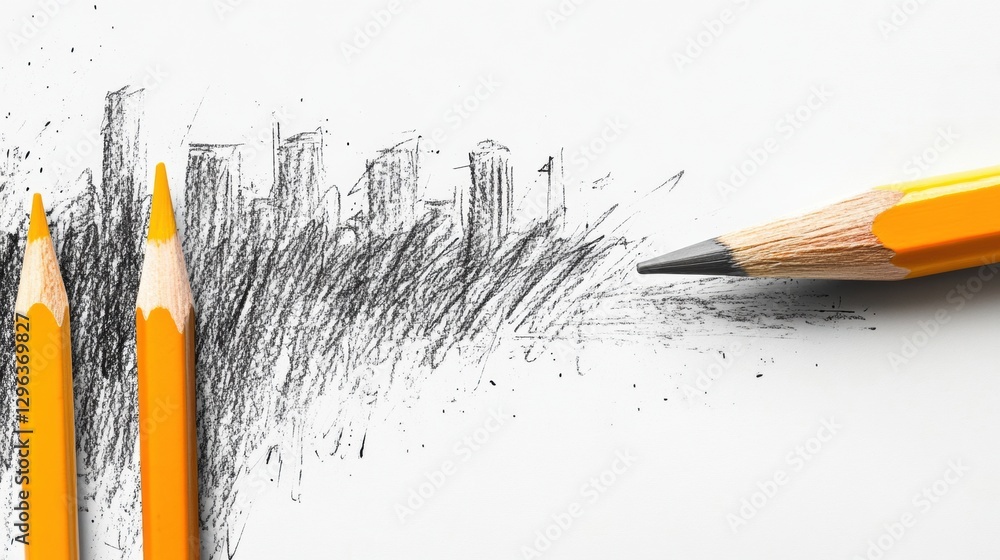 Poster sketch of a city skyline created with colored pencils on a blank sheet of paper featuring shading an
