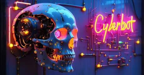 Obraz premium Neon sign cyberbot glowing robotic skull circuits high tech sci fi background bright colorful realistic photo