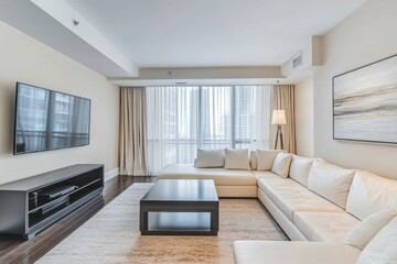 A large living room in an apartment with beige walls