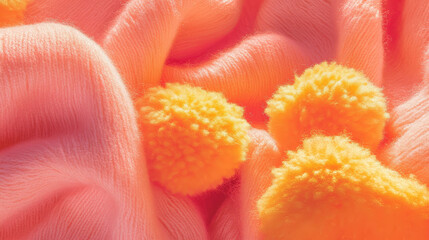 Vibrant knitted fabric background with textured pom poms for cozy design elements