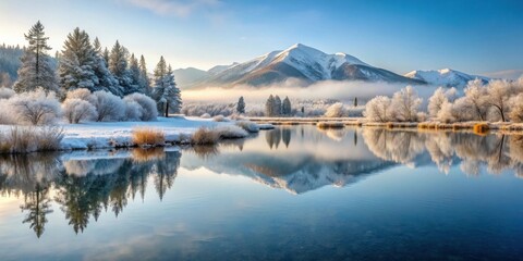 Serene Winter Landscape Frost-Covered Trees Mirrored in a Calm Lake at Sunrise with Snow-Capped Mountains in the Background