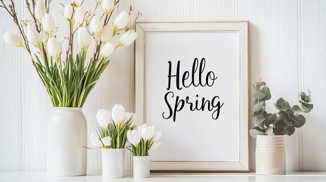 Delicate spring flowers in vases brighten a white shelf, with a cozy framed message welcoming the new season of spring