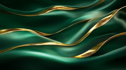 Green silk fabric with golden ribbon flowing across the surface